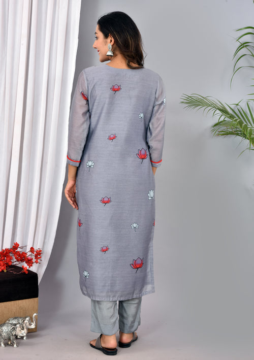 Beautiful Dark Grey Soft silk Digital Print Suit
