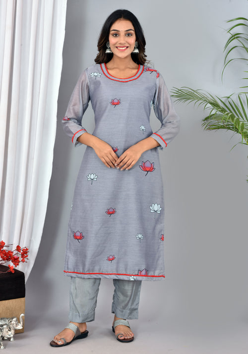 Beautiful Dark Grey Soft silk Digital Print Suit
