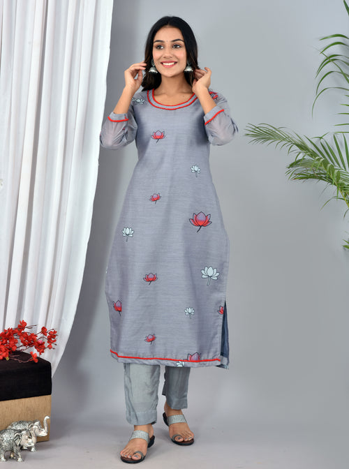 Beautiful Dark Grey Soft silk Digital Print Suit