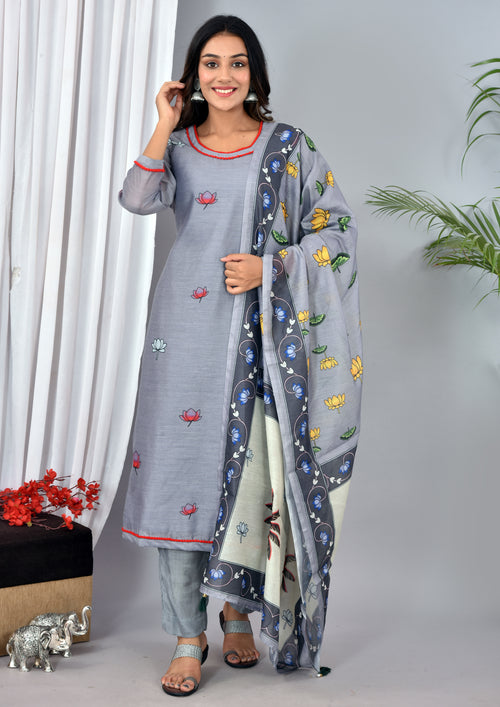 Beautiful Dark Grey Soft silk Digital Print Suit