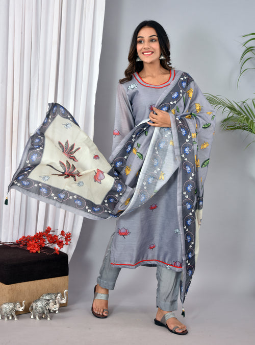 Beautiful Dark Grey Soft silk Digital Print Suit
