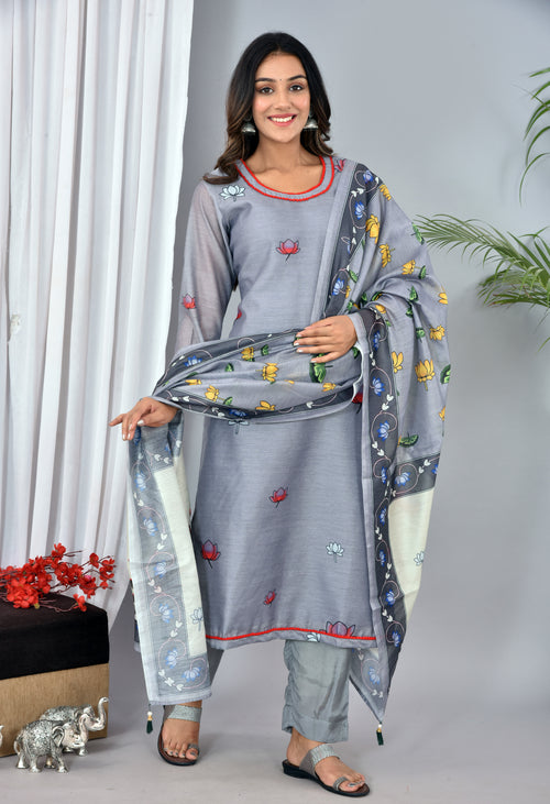 Beautiful Dark Grey Soft silk Digital Print Suit