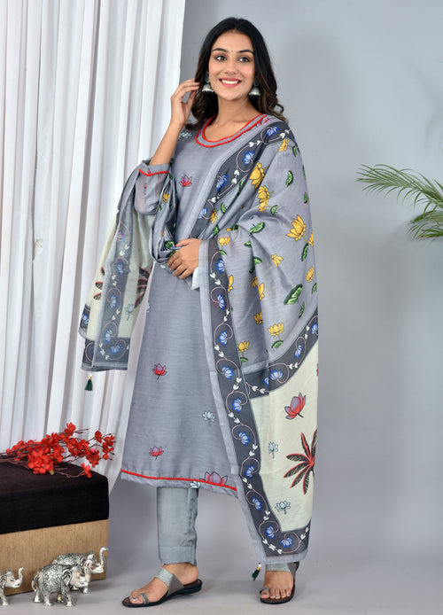 Beautiful Dark Grey Soft silk Digital Print Suit