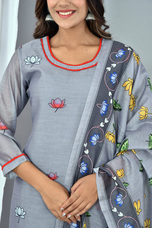 Beautiful Dark Grey Soft silk Digital Print Suit