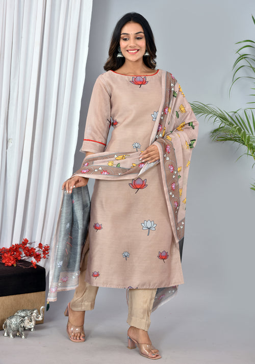 Beautiful Beige Soft silk Digital Print Suit