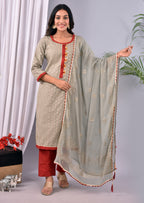 Grey Chanderi Weaving Stitched Suit With Chiffon Dew Drop Work Dupatta