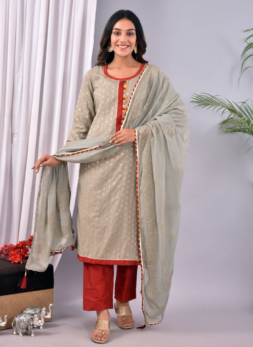 Grey Chanderi Weaving Stitched Suit With Chiffon Dew Drop Work Dupatta