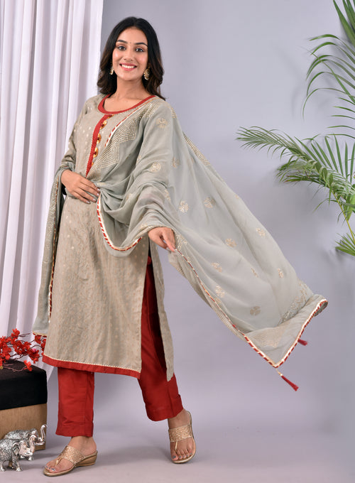 Grey Chanderi Weaving Stitched Suit With Chiffon Dew Drop Work Dupatta