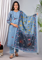 BEAUTIFUL CYAN SOFT SILK DIGITAL PRINT SUIT