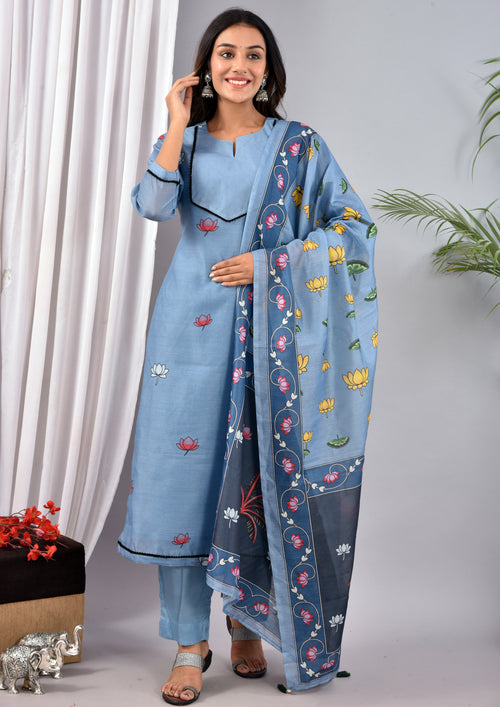 BEAUTIFUL CYAN SOFT SILK DIGITAL PRINT SUIT