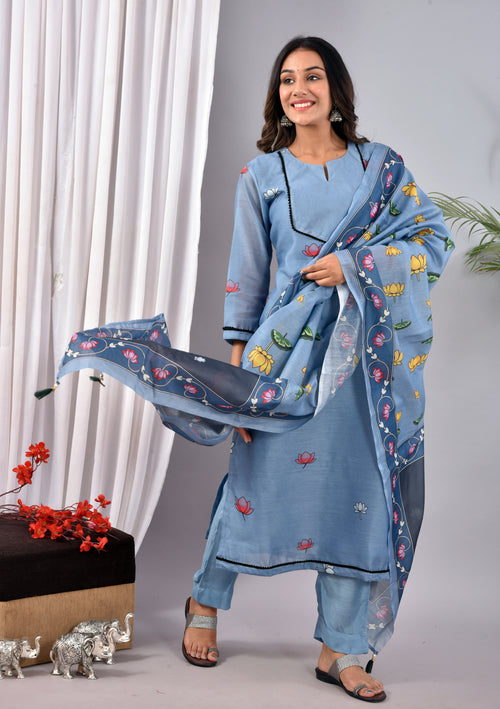 BEAUTIFUL CYAN SOFT SILK DIGITAL PRINT SUIT