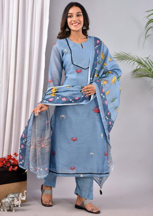 BEAUTIFUL CYAN SOFT SILK DIGITAL PRINT SUIT
