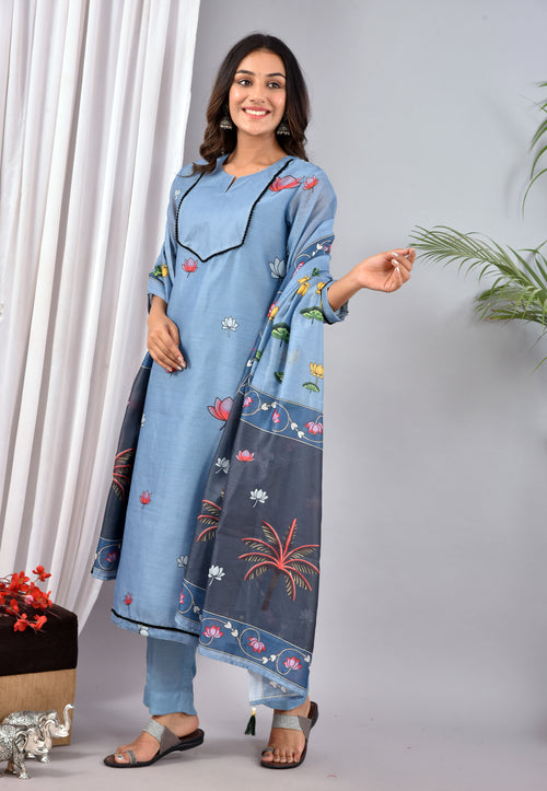 BEAUTIFUL CYAN SOFT SILK DIGITAL PRINT SUIT