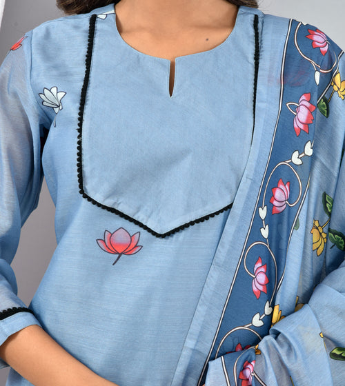 BEAUTIFUL CYAN SOFT SILK DIGITAL PRINT SUIT