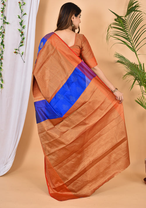 Blue Banarasi Zari Weaving Saree With Blouse