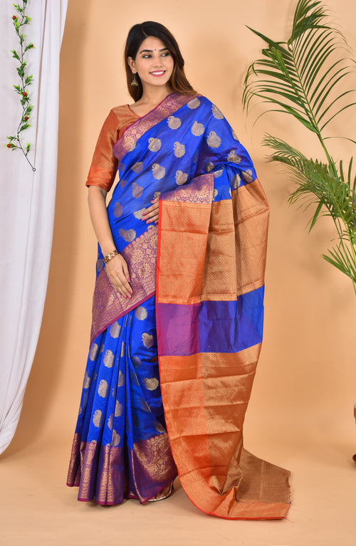 Blue Banarasi Zari Weaving Saree With Blouse