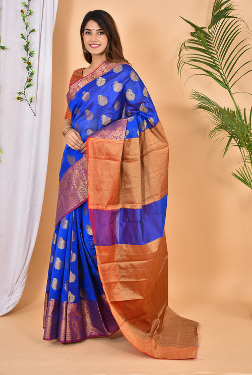Blue Banarasi Zari Weaving Saree With Blouse