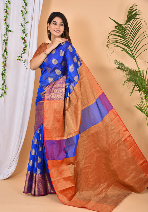 Blue Banarasi Zari Weaving Saree With Blouse