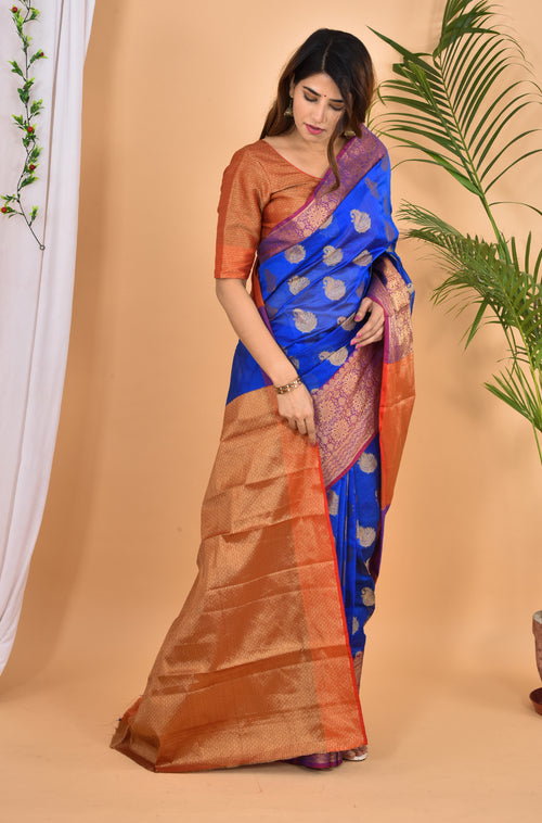 Blue Banarasi Zari Weaving Saree With Blouse