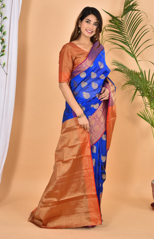 Blue Banarasi Zari Weaving Saree With Blouse