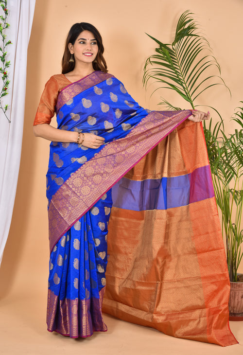 Blue Banarasi Zari Weaving Saree With Blouse