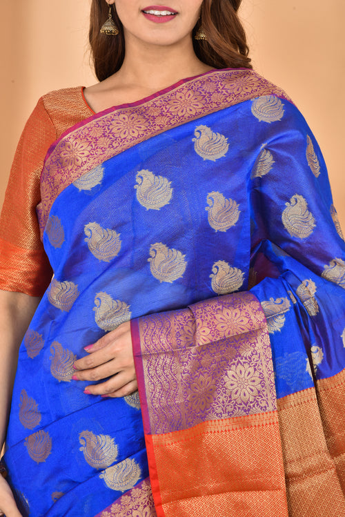 Blue Banarasi Zari Weaving Saree With Blouse