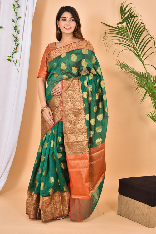Bottle Green Banarasi Zari Woven Saree