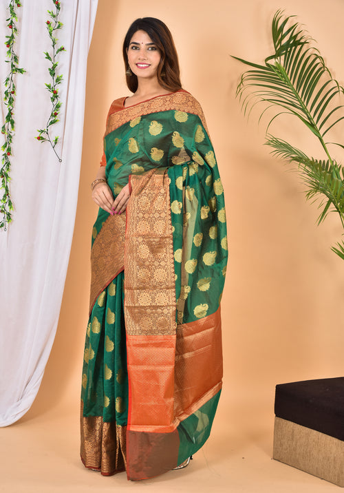 Bottle Green Banarasi Zari Woven Saree