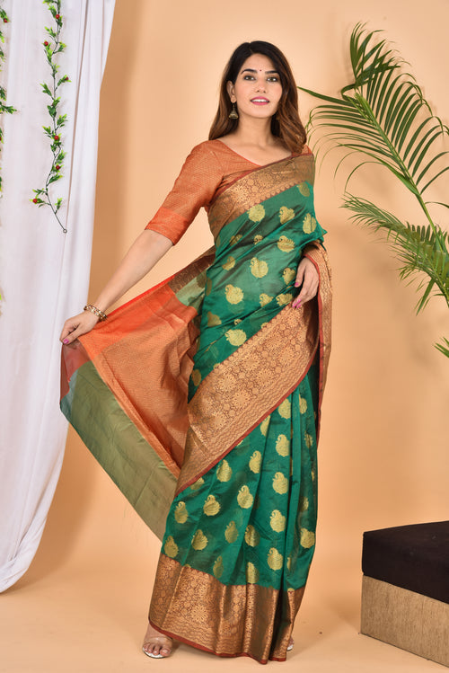 Bottle Green Banarasi Zari Woven Saree