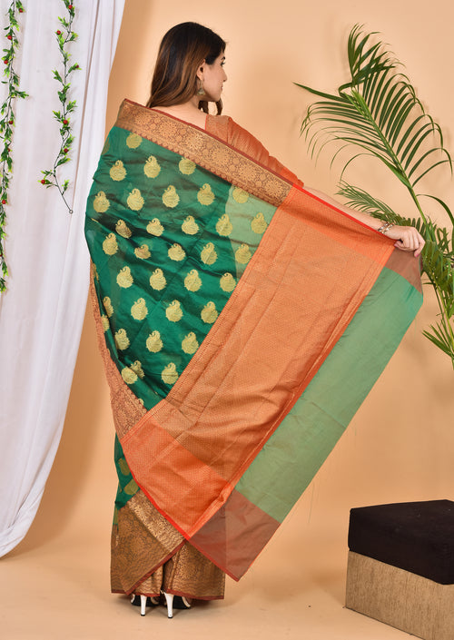 Bottle Green Banarasi Zari Woven Saree