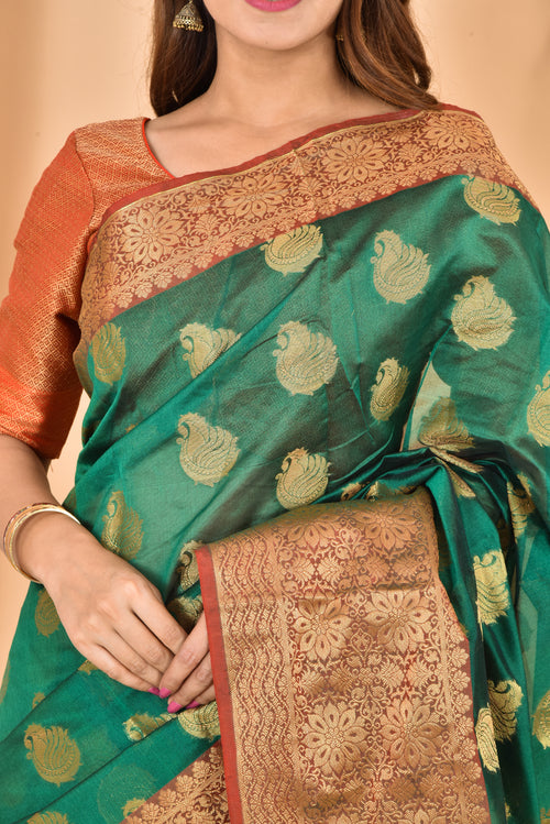 Bottle Green Banarasi Zari Woven Saree
