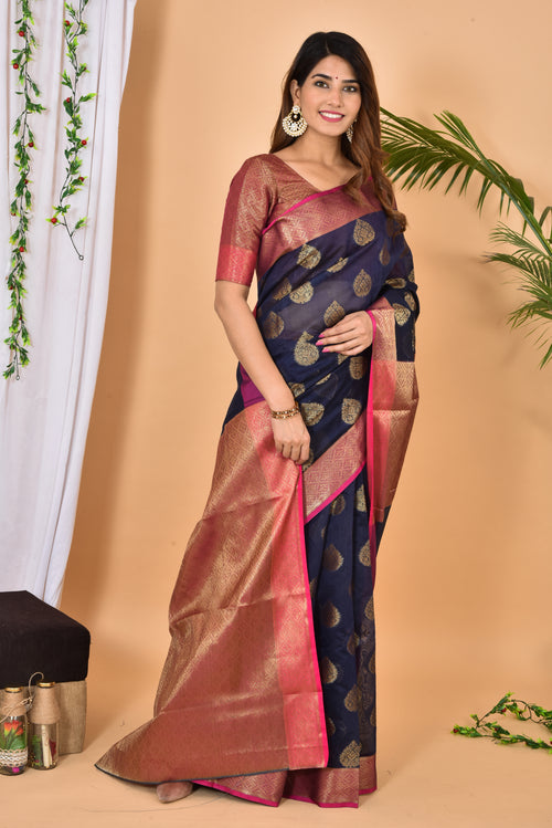 Blue With Pink Border Banarasi Zari Weaving Saree With Blouse