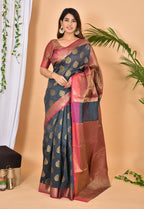Anchor Grey With Pink Border Banarasi Zari Weaving Saree