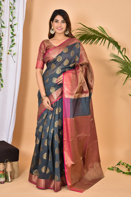 Anchor Grey With Pink Border Banarasi Zari Weaving Saree