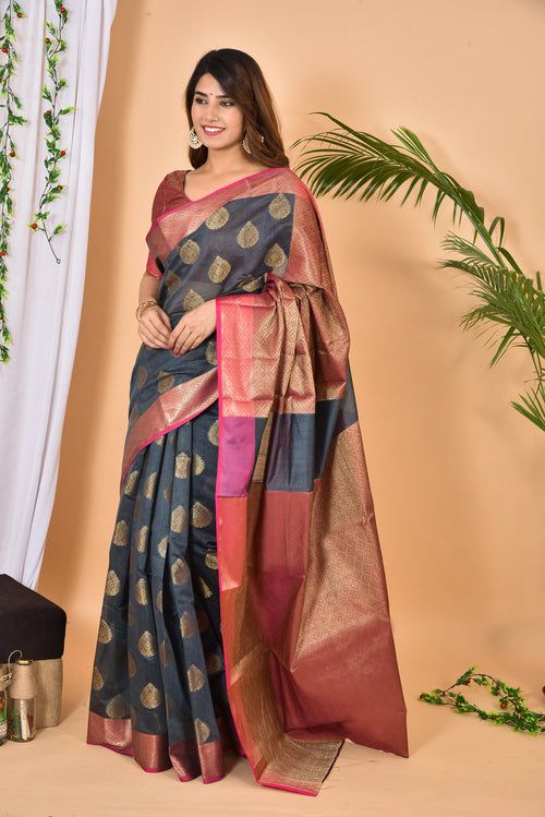 Anchor Grey With Pink Border Banarasi Zari Weaving Saree