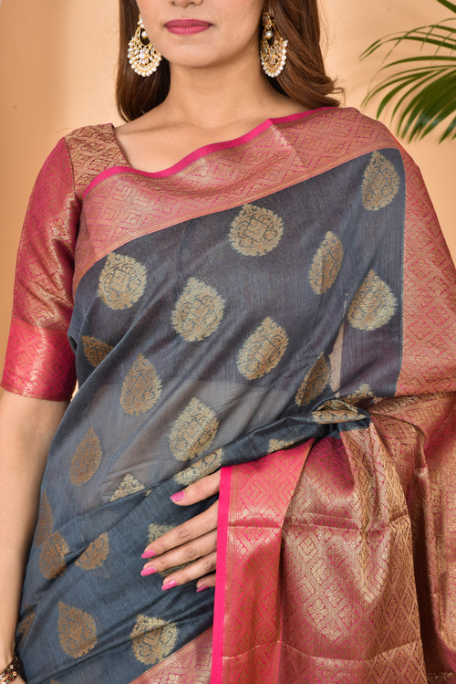Anchor Grey With Pink Border Banarasi Zari Weaving Saree