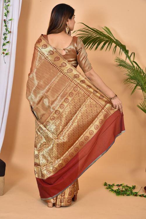Golden with maroon Banarasi silk Zari Woven Saree