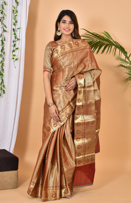 Golden with maroon Banarasi silk Zari Woven Saree