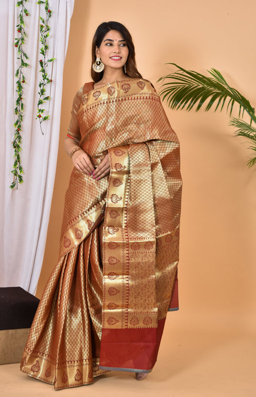 Golden with maroon Banarasi silk Zari Woven Saree