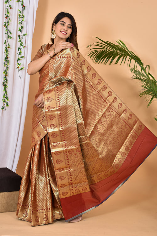 Golden with maroon Banarasi silk Zari Woven Saree