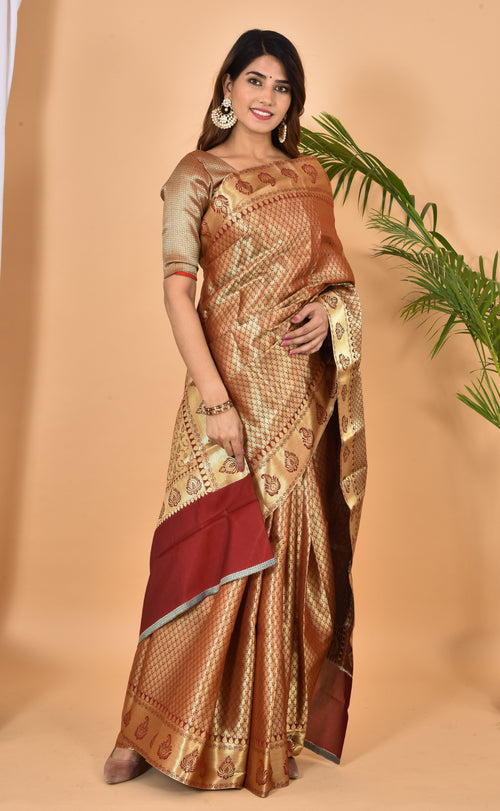 Golden with maroon Banarasi silk Zari Woven Saree