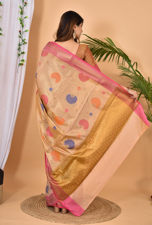 Beige With Pink Border Banarasi silk woven saree