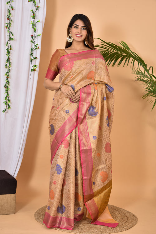 Beige With Pink Border Banarasi silk woven saree