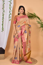 Beige With Pink Border Banarasi silk woven saree