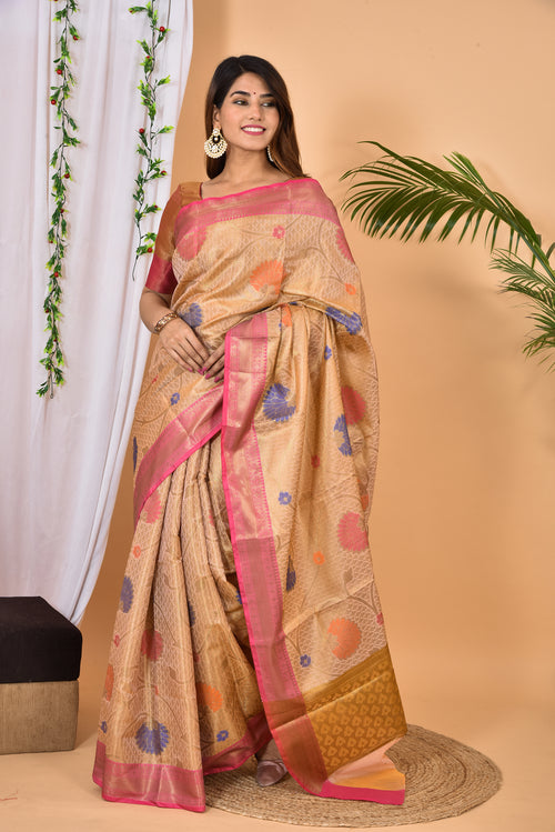 Beige With Pink Border Banarasi silk woven saree