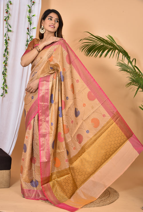 Beige With Pink Border Banarasi silk woven saree