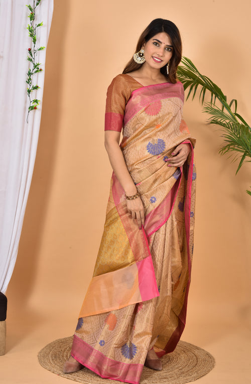 Beige With Pink Border Banarasi silk woven saree