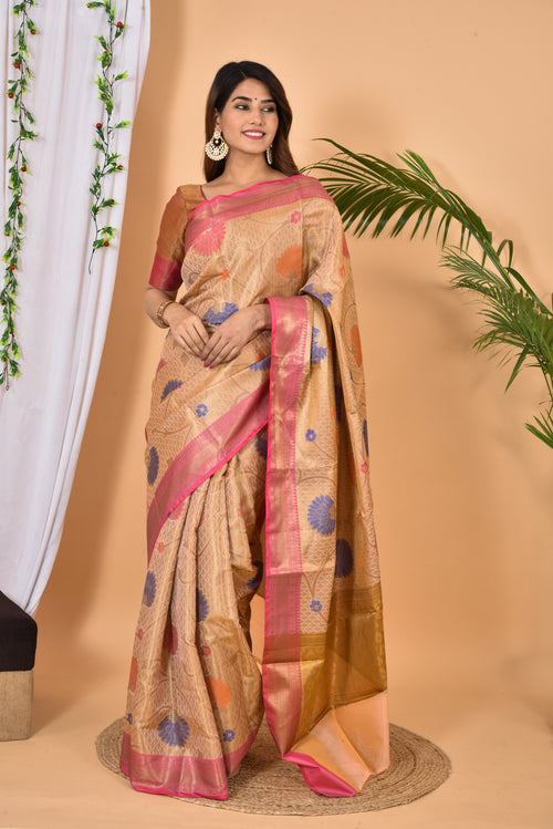 Beige With Pink Border Banarasi silk woven saree