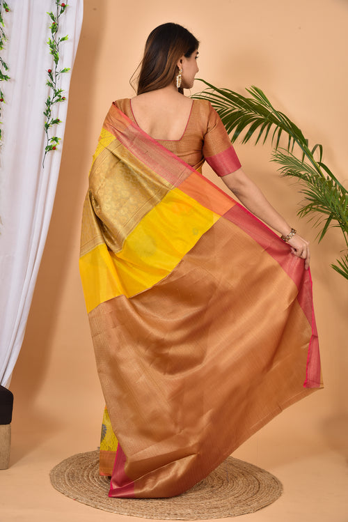 Yellow with pink border Banarasi Silk Zari Woven saree