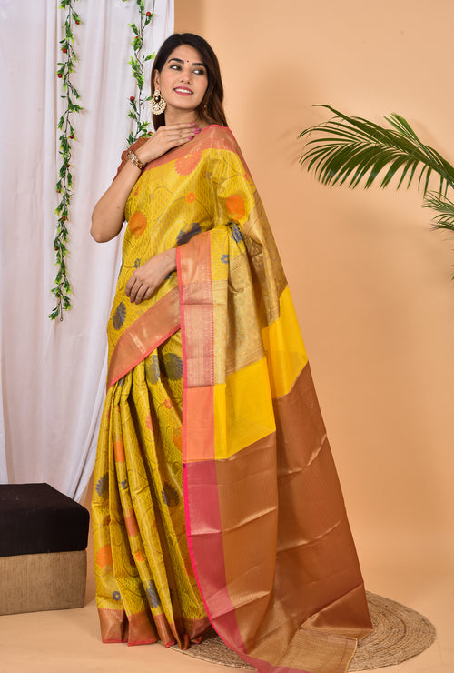 Yellow with pink border Banarasi Silk Zari Woven saree